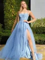 A-Line/Princess Halter Sweep Train Tulle Prom Dress With Leg Slit