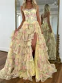 A-line Straight Cascading Ruffles Sweep Train Corset Prom Dress
