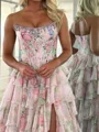 A-line Straight Cascading Ruffles Sweep Train Corset Prom Dress