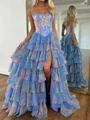 A-line Straight Cascading Ruffles Sweep Train Corset Prom Dress