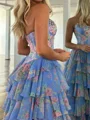 A-line Straight Cascading Ruffles Sweep Train Corset Prom Dress