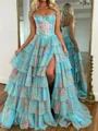 A-line Straight Cascading Ruffles Sweep Train Corset Prom Dress