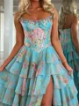 A-line Straight Cascading Ruffles Sweep Train Corset Prom Dress