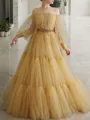 A-Line/Princess Off-the-Shoulder Floor-Length Tulle Prom Dress With Beading