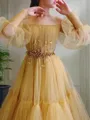 A-Line/Princess Off-the-Shoulder Floor-Length Tulle Prom Dress With Beading