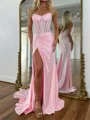 Sheath Straight Pleated Court Train Silk Like Satin Corset Prom Dress