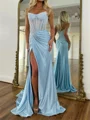Sheath Straight Pleated Court Train Silk Like Satin Corset Prom Dress