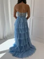 A-line Sweetheart Cascading Ruffles Sweep Train 30D Chiffon Corset Prom Dress