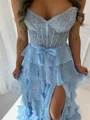 A-line Sweetheart Cascading Ruffles Sweep Train 30D Chiffon Corset Prom Dress