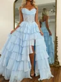 A-line Sweetheart Cascading Ruffles Sweep Train Chiffon Corset Prom Dress