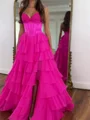 A-line Sweetheart Cascading Ruffles Sweep Train Chiffon Corset Prom Dress