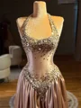 A-line Halter Sequin Sweep Train Silk Like Satin Prom Dress