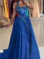 A-line Halter Sequin Sweep Train Silk Like Satin Prom Dress