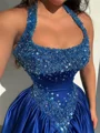 A-line Halter Sequin Sweep Train Silk Like Satin Prom Dress
