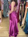 Sheath V-neck Appliques Lace Sweep Train Silk Like Satin Prom Dress