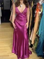 Sheath V-neck Appliques Lace Sweep Train Silk Like Satin Prom Dress