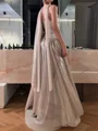 A-line One-Shoulder Pleated Floor-Length Metallic Satin Prom Dress