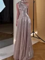 A-line One-Shoulder Pleated Floor-Length Metallic Satin Prom Dress