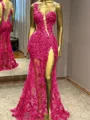 Sheath One-Shoulder Appliques Lace Floor-Length Tulle Prom Dress