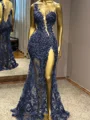 Sheath One-Shoulder Appliques Lace Floor-Length Tulle Prom Dress
