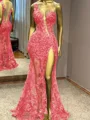 Sheath One-Shoulder Appliques Lace Floor-Length Tulle Prom Dress