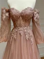 A-line Sweetheart Long Sleeves Appliques Lace Sweep Train Tulle Corset Prom Dress