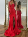 Sheath Halter Sweep Train Silk Like Satin Corset Prom Dress