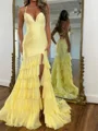 Mermaid Spaghetti Straps Cascading Ruffles Sweep Train 30D Chiffon Corset Prom Dress