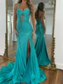 Sheath Halter Sweep Train Silk Like Satin Prom Dress