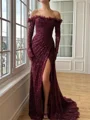 Sheath Off-the-Shoulder Long Sleeves Pleated Sweep Train Prom Dress