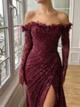 Sheath Off-the-Shoulder Long Sleeves Pleated Sweep Train Prom Dress