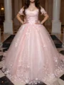 Ball-Gown Off-the-Shoulder Short Sleeves Appliques Lace Sweep Train Tulle Corset Prom Dress