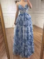 A-line V-neck Cascading Ruffles Floor-Length Corset Prom Dress