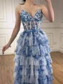A-line V-neck Cascading Ruffles Floor-Length Corset Prom Dress