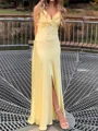 Sheath V-neck Pleated Floor-Length Silk Like Satin Prom Dress