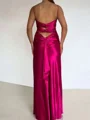 Sheath V-neck Pleated Floor-Length Silk Like Satin Prom Dress