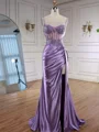 Sheath Spaghetti Straps Appliques Lace Sweep Train Silk Like Satin Corset Prom Dress