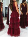 A-line V-neck Cascading Ruffles Floor-Length Tulle Prom Dress
