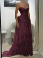 A-line Sweetheart Appliques Lace Sweep Train Chiffon Corset Prom Dress