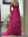 A-line Sweetheart Appliques Lace Sweep Train Chiffon Corset Prom Dress