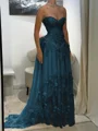 A-line Sweetheart Appliques Lace Sweep Train Chiffon Corset Prom Dress