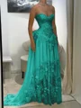 A-line Sweetheart Appliques Lace Sweep Train Chiffon Corset Prom Dress