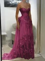 A-line Sweetheart Appliques Lace Sweep Train Chiffon Corset Prom Dress