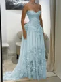 A-line Sweetheart Appliques Lace Sweep Train Chiffon Corset Prom Dress