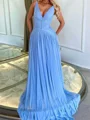 A-line V-neck Pleated Sweep Train Chiffon Corset Prom Dress