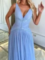 A-line V-neck Pleated Sweep Train Chiffon Corset Prom Dress