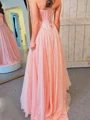 A-line Straight Ruffles Sweep Train Chiffon Corset Prom Dress