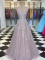 A-Line/Princess V-neck Floor-Length Tulle Prom Dress With Appliques Lace