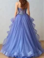 A-line Spaghetti Straps Cascading Ruffles Sweep Train Tulle Corset Prom Dress