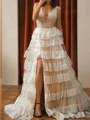 A-line V-neck Cascading Ruffles Sweep Train Tulle Prom Dress